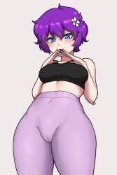 1girls belly belly_button black_bra blue_eyes breasts cameltoe clothing dako dakosito female female_only leggings medium_breasts open_mouth original original_character pose purple_hair pussy short_hair simple_background sports_bra sportswear standing stomach thick_thighs thighs umiko_(dakosito)