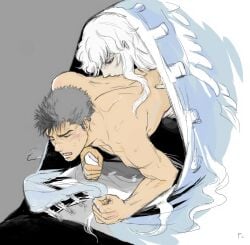 2boys berserk closed_eyes feminine gay griffith guts_(berserk) implied_sex looking_pleasured male male/male male_only no_visible_genitalia nude_male pale-skinned_male sex yaoi