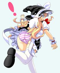 big_butt blonde_hair blush booty_shorts butt embarrassed feline looking_back marisa_kirisame nakki panties pink_striped_panties stockings touhou witch witch_hat