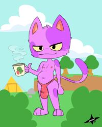 animal_crossing anthro belly bob_(animal_crossing) bodily_fluids bottomwear bulge clothing digital_media_(artwork) domestic_cat dripping felid feline felis fur genital_fluids hair hi_res hindpaw holding_object jasbun07 leaking_precum looking_at_viewer male mammal musk musk_clouds nintendo nipples outside paws precum precum_drip precum_through_clothing precum_through_underwear purple_body purple_fur sky smile smiling_at_viewer smirk solo stained_clothing standing sweat sweatdrop tail underwear wet wet_clothing