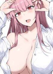 1girls breasts hololive hololive_english hololive_myth large_breasts mori_calliope open_mouth pink_eyes pink_hair sakiya tongue virtual_youtuber white_shirt