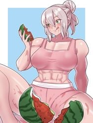 1girls :p abs bare_arms bare_midriff bare_thighs braid breasts effie_(fire_emblem) female female_only fire_emblem fire_emblem_fates food fruit green_eyes hair_between_eyes hair_bun juice licking_lips medium_breasts midriff mnejing muscle_girl muscular muscular_female nintendo ponytail short_hair shorts solo tank_top thick_thighs thighs tongue tongue_out watermelon watermelon_crushing