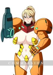 alternate_costume angry armor armored_samus beauty_mark bikini_armor blue_eyes feminine_(artist) large_breasts metroid mole_under_mouth ponytail power_suit revealing_clothes samus_aran varia_suit