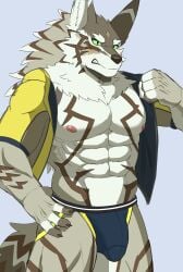 1boy 2023 abs anthro areola blush brown_body brown_fur bulge canid canine canis clothed clothing detailed_bulge fur green_eyes hi_res jackal jockstrap kiramofu lifewonders male male_only mammal muscular muscular_anthro muscular_male open_clothing seth_(tokyo_afterschool_summoners) solo tokyo_afterschool_summoners underwear