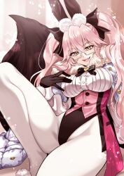 1girls animal_ears big_breasts black_gloves bunny_ears bunny_girl bunnysuit fox_girl fox_tail glasses koyanskaya_(assassin) koyanskaya_(assassin_second_ascension) koyanskaya_(fate) leotard massive_thighs pantyhose pink_hair solo twintails