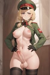 ai_generated annoyed black_legwear black_stockings blonde_hair breasts erection female_soldier futa futanari futanari_solider legwear looking_at_viewer military military_hat military_jacket military_uniform penis soviet stockings testicles twintails veiny_penis