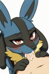 1boy1girl 1girls anthro blowjob blue_body chicboy cum cum_in_mouth female female_lucario fur furry furry_female human_on_anthro lucario male male/female oral oral_sex pokemon pokemon_(species) red_eyes rubber