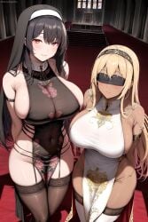 2girls ai_generated ai_love_higokko breasts female hips holaraai huge_breasts light-skinned_female light_skin nun nun's_habit original original_character revealing_clothes thick_thighs thighs wide_hips