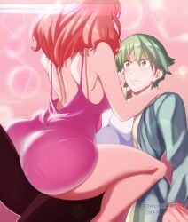 1boy 1girls alm_(fire_emblem) ass back backless_outfit bare_back bare_legs big_ass breasts caress caressing_face celica_(fire_emblem) dress female fire_emblem fire_emblem_echoes:_shadows_of_valentia girl_on_top green_eyes green_hair hand_on_another's_face large_ass legs male medium_breasts medium_hair nintendo orange_hair panties pantylines short_hair sideboob sitting_on_lap teasing tomorrowsjoker underwear wholesome