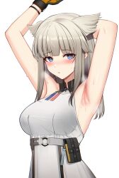 animal_ears arknights arknights:_endfield armpit armpits ateoyh blue_eyes breasts clothed_female embarrassed female female_focus female_only gray_hair highres huge_breasts kemonomimi looking_at_viewer massive_breasts perlica_(arknights) sweat sweating white_background