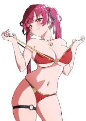 1girls bikini cowboy_shot female_only hololive hololive_fantasy hololive_japan houshou_marine huge_breasts looking_to_the_side pulling_bikini_string skindentation smug smug_face smug_smile thick_thighs thigh_strap virtual_youtuber white_background wide_hips