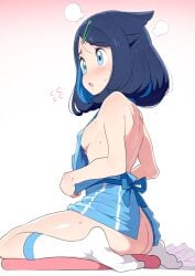 1girls 2023 apron apron_only ass bare_back bare_shoulders blue_eyes blue_hair blush bottomless breasts embarrassed exposed_ass female female_focus female_only liko_(pokemon) medium_hair naked_apron nintendo nude_apron on_knees perky_breasts petite pokemon pokemon_(anime) pokemon_horizons sideboob sitting small_breasts socks solo solo_female sweat tottotonero young young_female