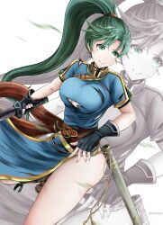 1girls bare_thighs boots breasts cleavage clenched_teeth earrings female female_only fingerless_gloves fire_emblem fire_emblem:_the_blazing_blade frown gloves green_eyes green_hair large_breasts long_hair lyn_(fire_emblem) nenemu0 nintendo pelvic_curtain ponytail short_sleeves solo sword thighs torn_clothes very_long_hair weapon white_background