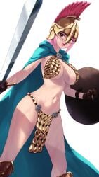 1girls bocas_top brown_eyes cait_aron cape female female_only helmet holding_weapon huge_breasts loincloth one_piece pink_hair rebecca_(one_piece) shield sword voluptuous