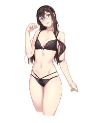 belly_button black_bra black_panties bra breasts brown_hair clothing female glasses green_eyes kantai_collection legs_together long_hair matching_underwear ooyodo_(kantai_collection) panties small_breasts underwear wide_hips yuuji_(and)