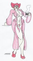 anthro_only big_breasts big_hips disney earrings eyeshadow female_only furry ginger_hair goof_troop goofsona high_heels marlon64 milf mug naked_female naked_robe open_robe peg_pete pussy_hair traditional_drawing_(artwork) white_background