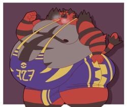 big_belly big_penis blush bulge bulge_through_clothing bulging_belly fat fat_arms fat_ass fat_belly fat_butt fat_hips fat_legs fat_male fat_man fat_mons fatty ghgbn incineroar male_only moobs morbidly_obese morbidly_obese_anthro morbidly_obese_male nipples obese obese_anthro obese_male overweight overweight_anthro overweight_male pokemon pokemon_(species) pokemon_sm steamy_breath sweating tight_clothes tight_clothing tight_fit tight_pants