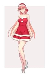 akashi_(kantai_collection) bare_legs bare_shoulders barefoot christmas_clothing christmas_headwear christmas_outfit green_eyes high_heels kantai_collection long_hair long_legs pink_hair santa_costume santa_dress santa_hat skirt yuuji_(and)