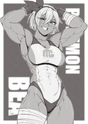 1girls abs absurd_res armpits bandana bea_(pokemon) biceps black_and_white blush breasts cleavage clothing cowboy_shot greyscale grin hi_res leotard looking_at_viewer muscles muscular muscular_female pokemon serratus_anterior short_hair skin_tight smile solo speedl00ver white_hair