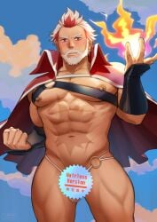 1boy abs bara bare_pectorals blush bulge capelet cerberus_arts chest_harness chillin'_in_my_30s_after_getting_fired_from_the_demon_king's_army facial_hair feet_out_of_frame fire full_beard gay granbaza_(ankoku_heishi) hand_up harness highres kaiko_sareta_ankoku_heishi_(30-dai)_no_slow_na_second_life large_pectorals looking_at_viewer male_focus mature_male multicolored_hair muscular muscular_male nipples no_pants o-ring o-ring_bottom o-ring_top old old_man paid_reward_available pants pectoral_press pectorals pelvic_curtain pyrokinesis red_capelet red_hair scar scar_on_stomach shaved_body shiny_clothes short_hair solo standing stomach streaked_hair stubble testicle_peek thighs white_hair