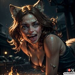 ai_generated animal_girl cleavage creepy halloween haunted horror sharp_teeth transformation werewolf wolf_ears