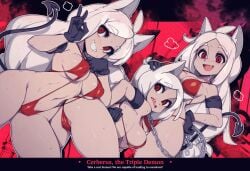 3girls breasts cerberus_(helltaker) demon demon_girl demon_tail female female_only helltaker multiple_girls red_eyes selfcest sling_bikini slingshot_swimsuit slugbox text threesome white_hair yuri