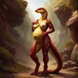 ai_generated anthro areola belly big_belly big_thighs claws cobra daz8avas detailed_background female female furry mature mature_female nails nipples pose posing pregnant red_body red_skin snake snake_girl solo_female stable_diffusion standing tail yellow_body yellow_skin