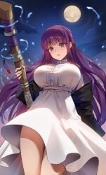 1girls breasts clothed dress female fern_(sousou_no_frieren) foxy_rain_(foxyreine) foxyrain foxyrain_(foxyreine) foxyreine huge_breasts long_hair looking_at_viewer low-angle_view purple_eyes purple_hair sousou_no_frieren thick_thighs