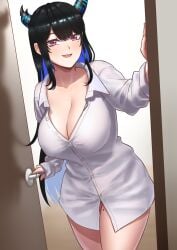 big_breasts big_thighs black_hair blush breasts cipher4109 hololive hololive_english hololive_english_-advent- horns huge_breasts huge_thighs long_hair looking_at_viewer nerissa_ravencroft opening_door shirt smile smiling smiling_at_viewer thick_hips thick_thighs thighs unbuttoned virtual_youtuber