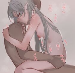 1boy ao_oni_(onioni-aoi) arknights ass_grab blush braid breasts completely_nude cowgirl_position crown_braid female from_side grey_background grey_hair highres long_hair motion_lines nipples nude open_mouth pointy_ears profile red_eyes sex simple_background small_breasts straight very_long_hair warfarin_(arknights)