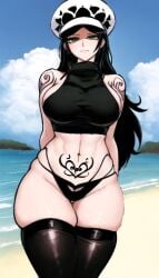 ai_generated artist_request beach big_breasts black_hair canon_genderswap crop_top female female_only green_eyes one_piece one_piece:_egghead_arc rule_63 shiku_shiku_no_mi thick_thighs thighhighs trafalgar_law