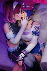 2girls 3d antifragile_dazzle antifragile_kira-kira black_choker blender blizzard_entertainment choker d.va hana_song kiriko_(overwatch) kiriko_kamori le_sserafim overwatch overwatch_2 sitting_on_lap tagme yazz_3d yuri