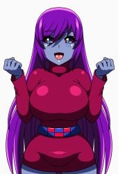 animated belt blue_body blue_eyes blue_skin blush bouncing_breasts breasts character_request clenched_hand clenched_hands closed_eyes closed_mouth colored_sclera colored_skin dress excited gif happy huge_breasts large_breasts long_hair miniskirt monster_girl open_eyes open_mouth pink_sclera purple_hair short_skirt skirt solo thighs tongue turtleneck very_long_hair white_background