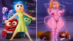 anger_(inside_out) ass big_ass big_breasts big_butt big_thighs bimbo bimbo_body bimbo_lips blue_waffle breasts cigarette disgust_(inside_out) fear_(inside_out) female_only high_heels inside_out inside_out_2 joy_(inside_out) lingerie lust_(inside_out) meme orange_hair pink_body pink_skin prostitution sadness_(inside_out) sex_toy wide_hips