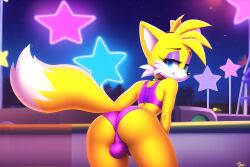 1boy ai_generated amusement_park anthro ass ass_focus bent_over big_ass big_butt blue_eyes bulge canine canis crop_top femboy feminine_male feminine_tails fox girly kneeling mammal night novelai panties pov smile smiling sonic_(series) sonic_the_hedgehog_(series) stars striped_panties tails