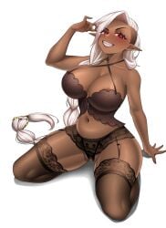 big_breasts black_nipples breasts chubby chubby_female dark-skinned_female dark_skin fat_pussy garter_straps haruse lingerie red_eyes silver_hair thighhighs