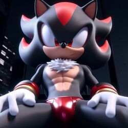 3d 3d_(artwork) ai_generated biceps bulge looking_at_viewer male male_focus male_only muscular pecs pov shadow_the_hedgehog solo sonic_(series) sonic_the_hedgehog_(series) speedo