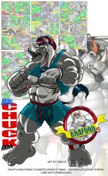 2007 abs anthro bottomwear bulge chuck_(braford) clothed clothing clothing_lift comic english_text hi_res male mammal muscular muscular_male nipples page_1 pecs rhinoceros shirt shirt_lift shorts solo text tomcat_(artist) topwear