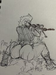 1boy 1girls ass dat_ass fat_ass female female_focus gun humble_shark large_ass mia_shepherd multitasking oc original_character penetration plap sketch sniper sniper_rifle traditional_media_(artwork)