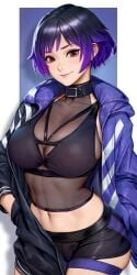 1girls belly_button black_hair blush breasts brown_eyes choker cleavage hand_in_pocket jacket large_breasts midriff namco navel neoartcore purple_hair purple_jacket reina_mishima see-through see-through_clothing short_pants shorts smile solo tekken tekken_8 two_tone_hair