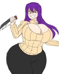 big_ass big_breasts boob_window clothed crazy_girl dicke_titten doki_doki_literature_club female female_only holding_knife huge_ass huge_breasts insane knife momiji_(artist) no_bra yandere yuri_(doki_doki_literature_club)