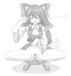 1girls 2023 animal_ears ass bell_collar blush bow cameltoe cat_ears cat_tail catgirl closed_eyes collar detached_sleeves fang greyscale hair_tubes hairbow kemonomimi loafers loose_socks maebari no_panties open_mouth paw_pose paw_print presenting pubic_hair reimu_hakurei skirt skirt_lift smile squatting sweat sweatdrop tagme tail thighs touhou txtxt