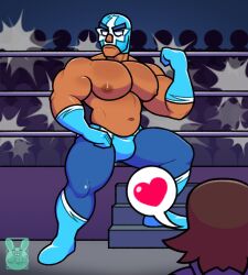 1boy bara bara_tits bara_titties big_breasts big_bulge big_chest brown_body brown_hair bulge estol_(therabit) gay gay_male heart huge_breasts huge_chest luchador male male_only ornyrabi77 public solo solo_male therabit wrestler wrestling wrestling_mask wrestling_outfit wrestling_ring