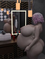 1girls 3d ass bathroom belly big_ass big_belly big_breasts breasts feldusk female gigantic_breasts huge_belly huge_breasts mirror nipples pink_hair pregnant solo