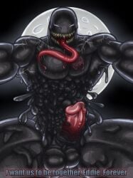 1boy alien balls crazmax genitals hi_res humanoid long_tongue male male_only marvel monster muscular muscular_male open_mouth penis simple_background smile solo spider-man_(series) symbiote teeth text tongue tongue_out venom venom_(marvel)