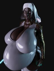 1girls 3d belly big_belly big_breasts breasts cleavage dark-skinned_female dark_skin feldusk female habit huge_breasts latex pregnant solo