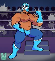 1boy bara bara_tits bara_titties big_breasts big_bulge big_chest brown_body bulge estol_(therabit) gay gay_male heart huge_breasts huge_chest luchador male male_only ornyrabi77 public solo solo_male therabit wrestler wrestling wrestling_mask wrestling_outfit wrestling_ring