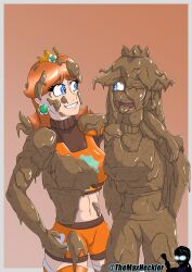 2022 blue_eyes breasts clothing completely_covered_in_mud covered_in_mud dirty dirty_girl female fetish mario_(series) mario_strikers max_heckler midriff mud muddy nintendo one_eye_closed open_mouth orange_shorts princess_daisy princess_peach smile themaxheckler tongue tongue_out wam