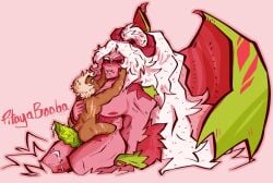 blonde_hair blue_eyes cookie_run cumdrip dragon dragon_dick knight_cookie male manly nipples pitaya_dragon_cookie pitayabooba(artist) red_eyes scars sitting_on_person tail white_hair wholesome wings