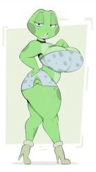 2023 amphibian anthro big_breasts breasts cleavage clothed clothing female footwear frog green_body hi_res high_heels higher_resolution_at_source huge_breasts looking_at_viewer midriff original original_character simple_background solo standing thick_thighs usnarbit zezillia